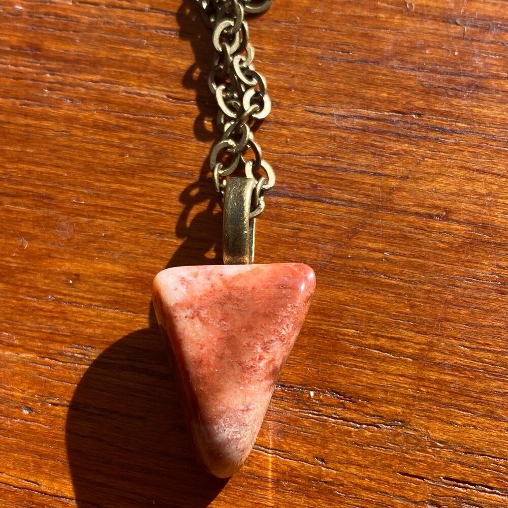 Rust Colored Triangle Polished Stone Pendant on 20 in Antique Bronze Chain
